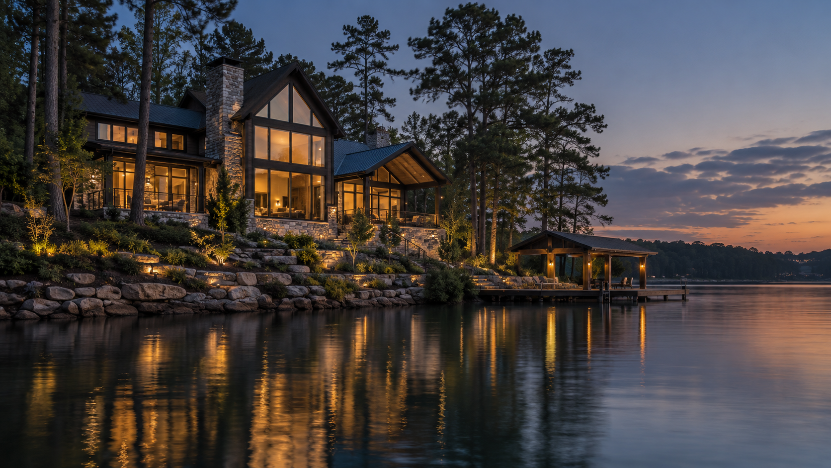 Modern Lake Martin waterfront home at dusk